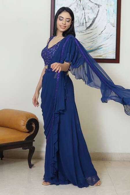 Devika Seth_Blue Georgette V Neck Pre-draped Ruffle Saree_Online_at_Aza_Fashions