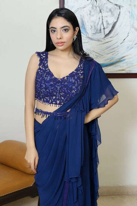 Buy_Devika Seth_Blue Georgette V Neck Pre-draped Ruffle Saree_Online_at_Aza_Fashions