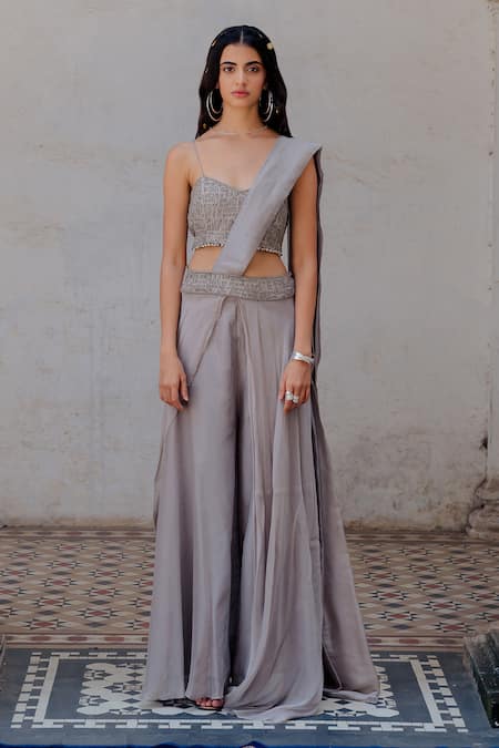 Shop Nikita Vishakha Grey Organza, Bralette Raw Silk Bead Work Embroidered And Draped Pant Set at Aza Fashions Shop_Nikita Vishakha_Grey Organza, Bralette Raw Silk Bead Work Embroidered And Draped Pant Set _at_Aza_Fashions
