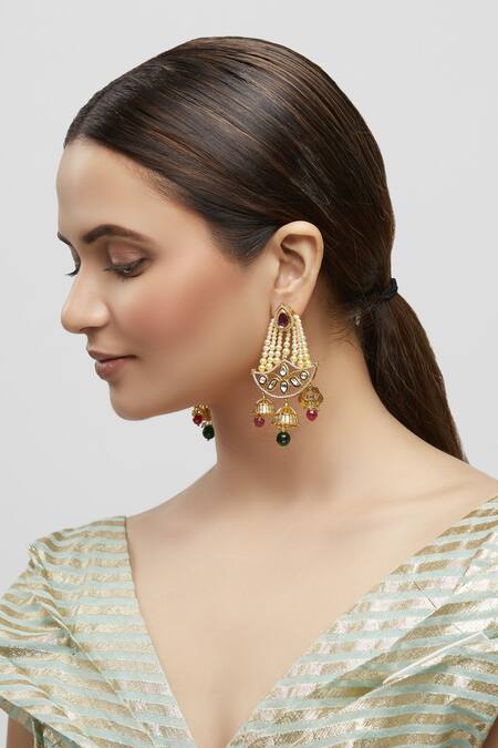 Shop_Minaki_Gold Plated Stone, Polki, Bead Jhumka Drop Chandeliers_Online_at_Aza_Fashions