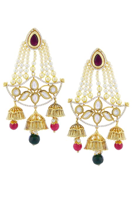 MINAKI Gold Plated Polki Jhumka Drop Chandeliers