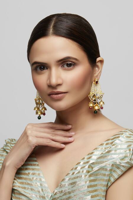 Shop_Minaki_Gold Plated Stone, Polki, Bead Jhumka Drop Chandeliers_at_Aza_Fashions