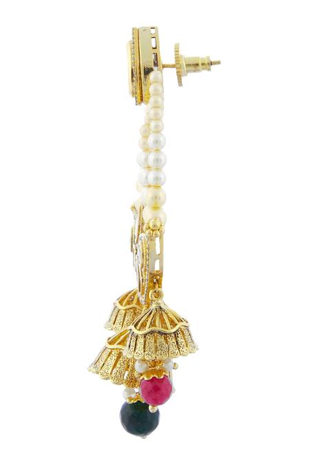 Minaki_Gold Plated Stone, Polki, Bead Jhumka Drop Chandeliers_at_Aza_Fashions