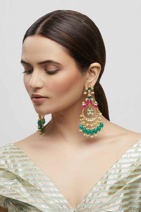 Minaki_Gold Plated Bead Kundan Chandbalis_Online_at_Aza_Fashions