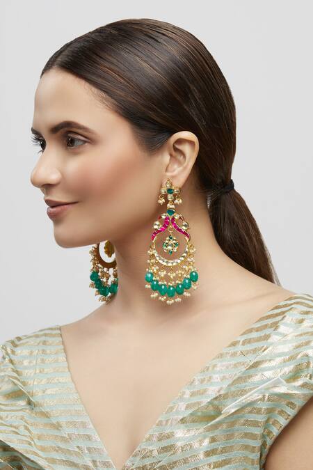 Shop_Minaki_Gold Plated Bead Kundan Chandbalis_Online_at_Aza_Fashions