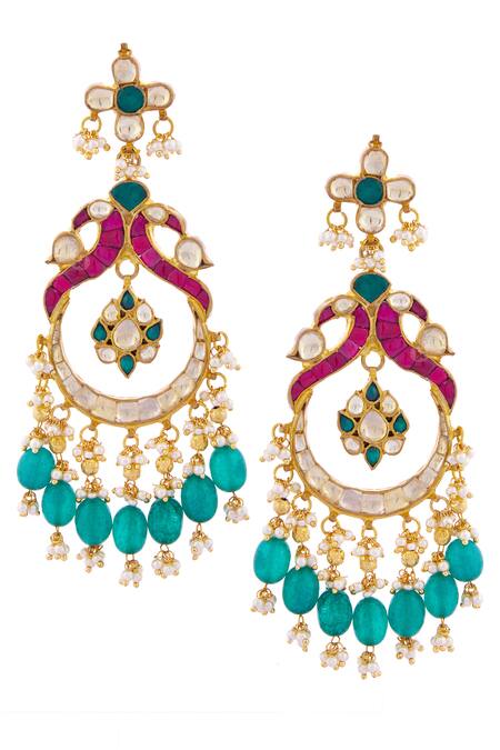 Shop_Minaki_Gold Plated Bead Kundan Chandbalis_at_Aza_Fashions