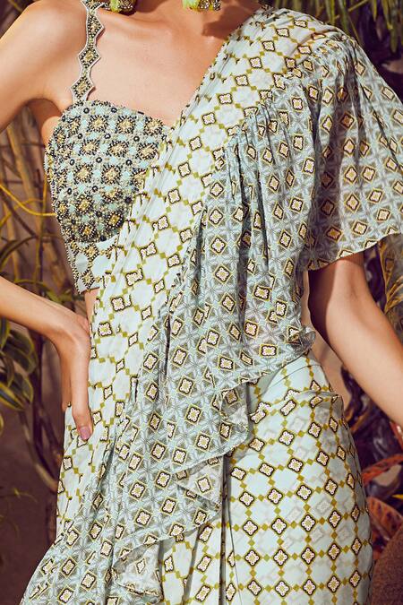 Buy_Awigna_Blue Georgette Pre-draped Saree With Corset Blouse_Online_at_Aza_Fashions