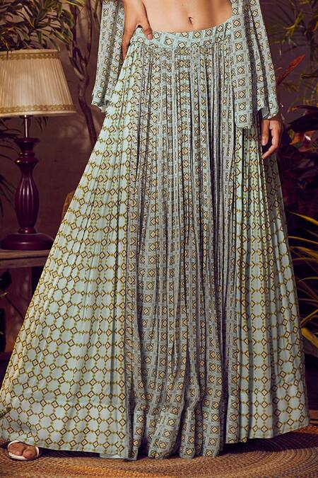 Awigna_Green Ruched Blouse And Printed Skirt Set_Online_at_Aza_Fashions