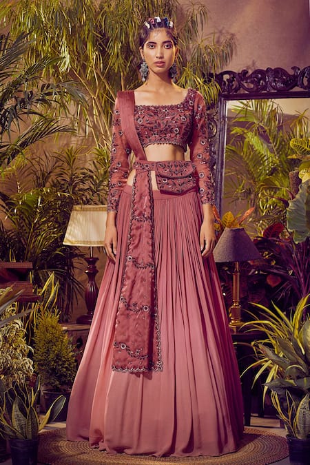 Awigna Pink Georgette Embroidered Blouse And Lehenga Set