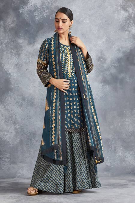 Saundh Blue Silk Printed Kurta Lehenga Set