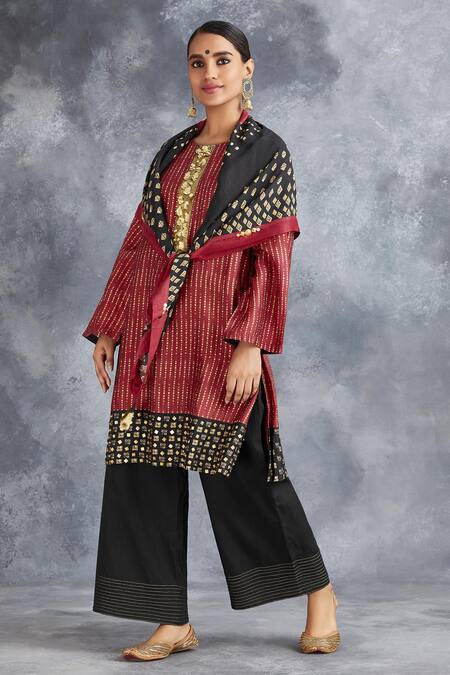 Saundh_Red Silk Printed Kurta Set_Online_at_Aza_Fashions