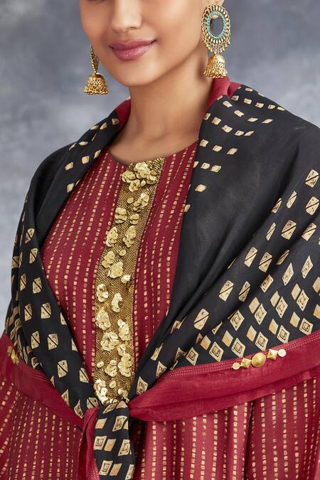 Shop_Saundh_Red Silk Printed Kurta Set_Online_at_Aza_Fashions
