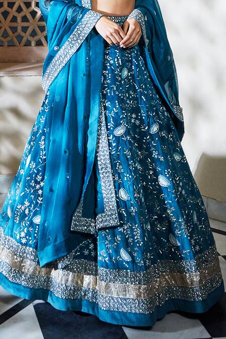 Buy_Mishru_Blue Velvet Scoop Neck Embroidered Bridal Lehenga Set _Online_at_Aza_Fashions