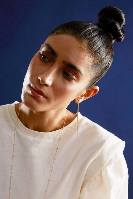 The Slow Studio_Gold Plated Handcrafted Long Earrings _at_Aza_Fashions