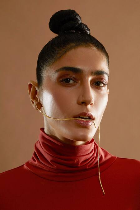 The Slow Studio_Gold Plated Handcrafted Long Earrings _at_Aza_Fashions