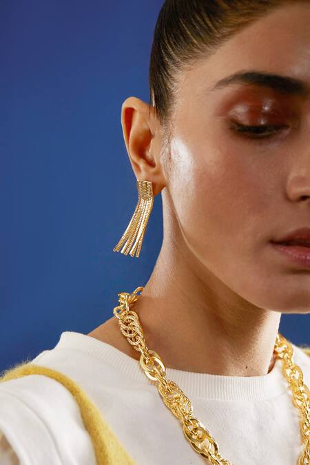 The Slow Studio_Gold Plated Handcrafted Chain Tassel Long Earrings _Online_at_Aza_Fashions