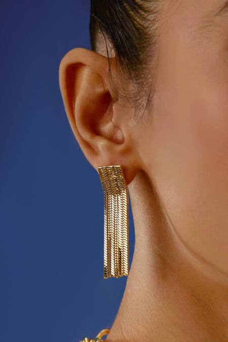 Shop_The Slow Studio_Gold Plated Handcrafted Chain Tassel Long Earrings _Online_at_Aza_Fashions