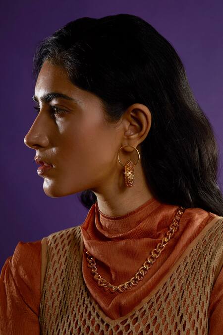 Shop_The Slow Studio_Gold Plated Handcrafted Hoop Disco Danglers _Online_at_Aza_Fashions