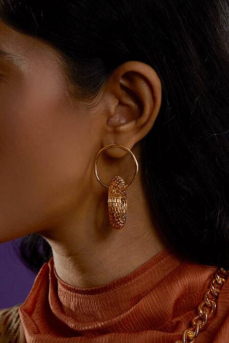 The Slow Studio_Gold Plated Handcrafted Hoop Disco Danglers _at_Aza_Fashions