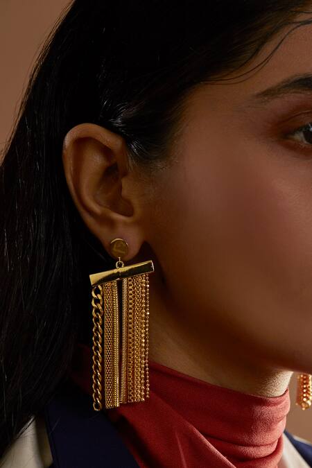 Shop_The Slow Studio_Gold Plated Handcrafted Chain Tassel Earrings _Online_at_Aza_Fashions