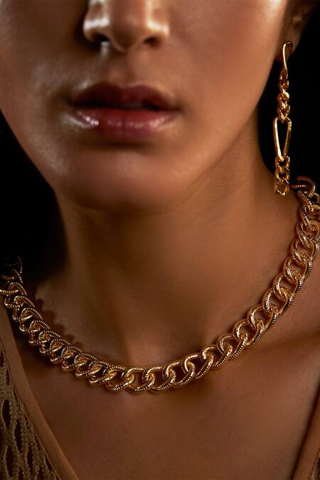 The Slow Studio_Gold Plated Interlink Chain Textured Necklace _at_Aza_Fashions