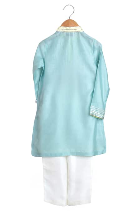 Shop MI Dulce AN'YA Blue Handloom Cotton, Silk, Cotton, Chanderi Gota Patti Work Kurta And Pant Set at Aza Fashions Shop_MI Dulce AN'YA_Blue Handloom Cotton, Silk, Cotton, Chanderi Gota Patti Work Kurta And Pant Set _at_Aza_Fashions