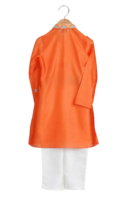 Shop MI Dulce AN'YA Orange Handloom Cotton, Silk, Cotton, Chanderi Mandarin Collar Kurta And Pant Set at Aza Fashions Shop_MI Dulce AN'YA_Orange Handloom Cotton, Silk, Cotton, Chanderi Mandarin Collar Kurta And Pant Set _at_Aza_Fashions