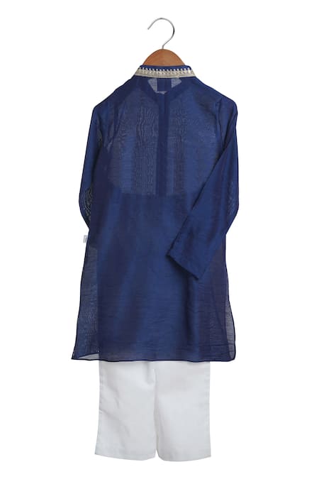 Shop MI Dulce AN'YA Blue Handloom Cotton, Cotton, Chanderi Mandarin Collar Kurta And Pant Set at Aza Fashions Shop_MI Dulce AN'YA_Blue Handloom Cotton, Cotton, Chanderi Mandarin Collar Kurta And Pant Set _at_Aza_Fashions
