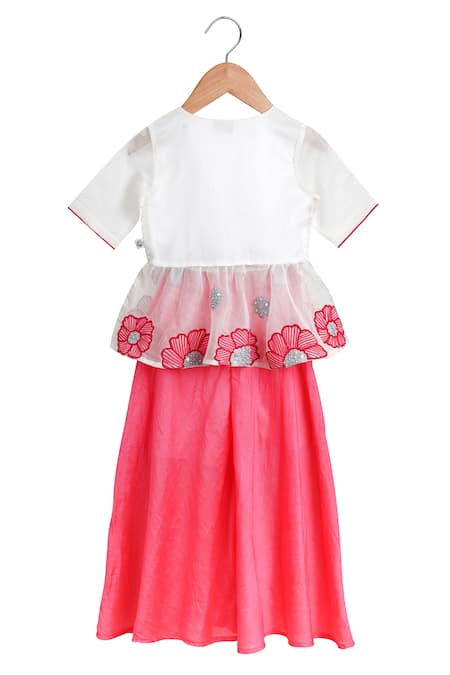 Shop MI Dulce AN'YA White Cotton, Chanderi, Silk, Embroidered Peplum Blouse And Flared Palazzo Set at Aza Fashions Shop_MI Dulce AN'YA_White Cotton, Chanderi, Silk, Embroidered Peplum Blouse And Flared Palazzo Set _at_Aza_Fashions