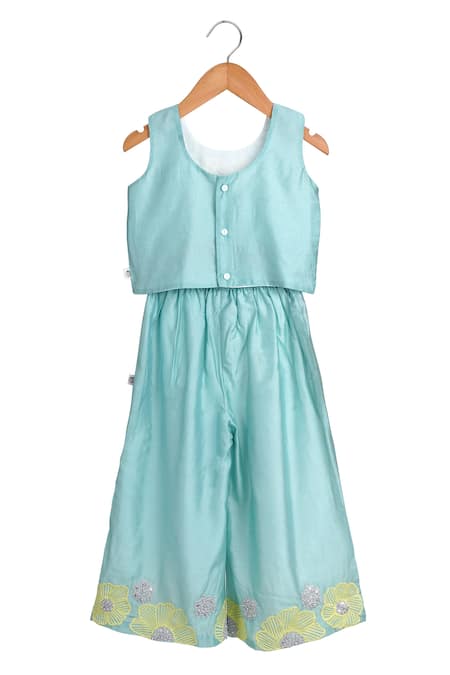 Shop MI Dulce AN'YA Blue Cotton, Silk, Chanderi Sequins, Zari, Embroidered Crop Top And Palazzo Set at Aza Fashions Shop_MI Dulce AN'YA_Blue Cotton, Silk, Chanderi Sequins, Zari, Embroidered Crop Top And Palazzo Set _at_Aza_Fashions