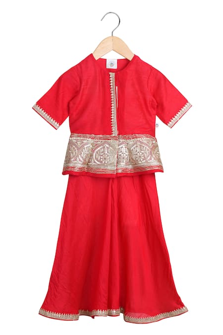 MI Dulce AN'YA Red , Chanderi, Silk, Handloom Peplum Blouse And Palazzo Set 