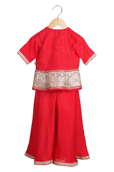 Shop_MI Dulce AN'YA_Red , Chanderi, Silk, Handloom Peplum Blouse And Palazzo Set _at_Aza_Fashions