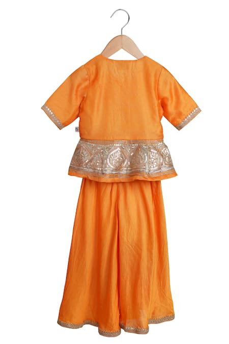 Shop_MI Dulce AN'YA_Orange Handloom Cotton, Chanderi, Silk Embroidery, Peplum Blouse And Palazzo Set _at_Aza_Fashions