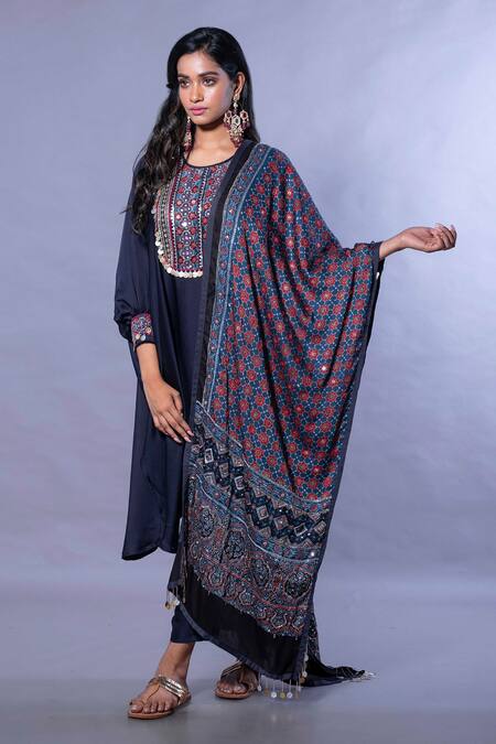 PRAHNAAYA Blue Kurta And Pant Silk Dupatta Handloom Ajrakh Embroidered Set 