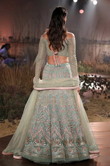 Shop Reynu Taandon Green Net Embroidered Off Shoulder Bridal Lehenga Set at Aza Fashions Shop_Reynu Taandon_Green Net Embroidered Off Shoulder Bridal Lehenga Set _at_Aza_Fashions