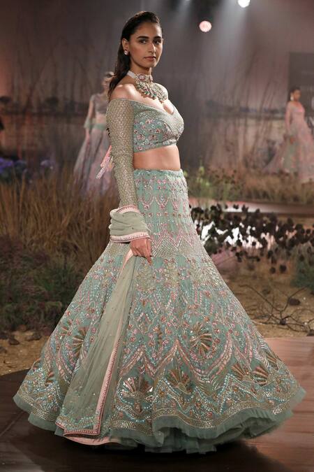 Reynu Taandon Green Net Embroidered Off Shoulder Bridal Lehenga Set Online at Aza Fashions Reynu Taandon_Green Net Embroidered Off Shoulder Bridal Lehenga Set _Online_at_Aza_Fashions