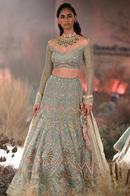Buy Reynu Taandon Green Net Embroidered Off Shoulder Bridal Lehenga Set Online at Aza Fashions Buy_Reynu Taandon_Green Net Embroidered Off Shoulder Bridal Lehenga Set _Online_at_Aza_Fashions