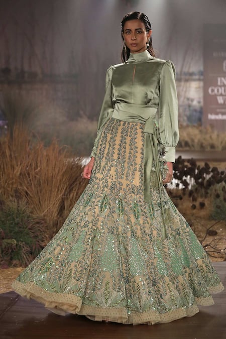 Reynu Taandon Green Net Embroidered Lehenga Set 