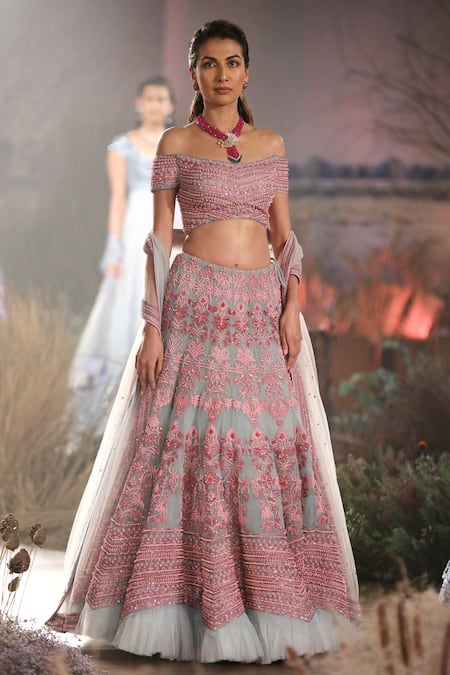 Reynu Taandon Blue Net Embroidered Off Shoulder Bridal Lehenga Set 