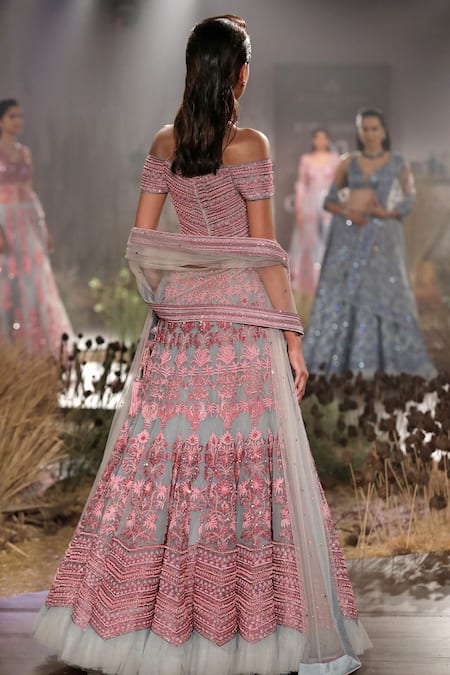 Shop Reynu Taandon Blue Net Embroidered Off Shoulder Bridal Lehenga Set at Aza Fashions Shop_Reynu Taandon_Blue Net Embroidered Off Shoulder Bridal Lehenga Set _at_Aza_Fashions