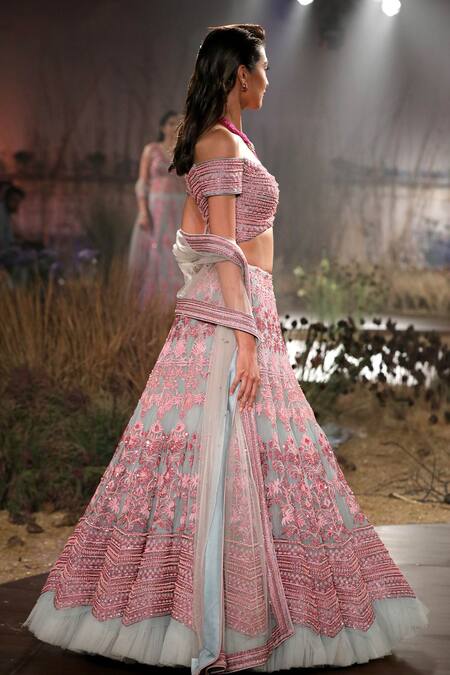 Reynu Taandon Blue Net Embroidered Off Shoulder Bridal Lehenga Set Online at Aza Fashions Reynu Taandon_Blue Net Embroidered Off Shoulder Bridal Lehenga Set _Online_at_Aza_Fashions