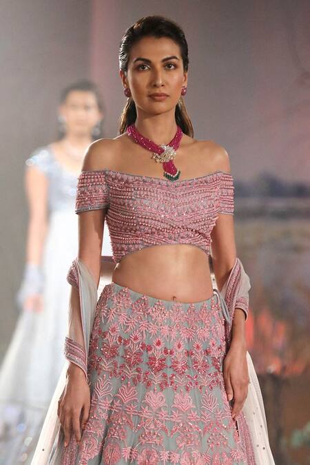 Shop Reynu Taandon Blue Net Embroidered Off Shoulder Bridal Lehenga Set Online at Aza Fashions Shop_Reynu Taandon_Blue Net Embroidered Off Shoulder Bridal Lehenga Set _Online_at_Aza_Fashions