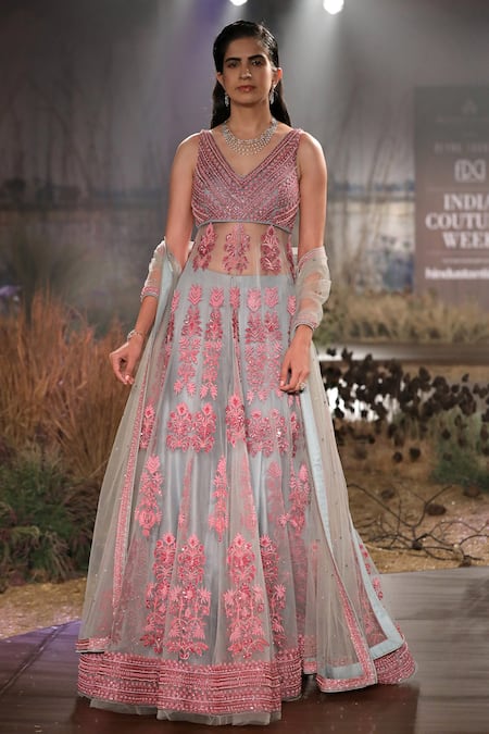 Reynu Taandon Blue Net, Chanderi Silk Embroidered Anarkali Set 