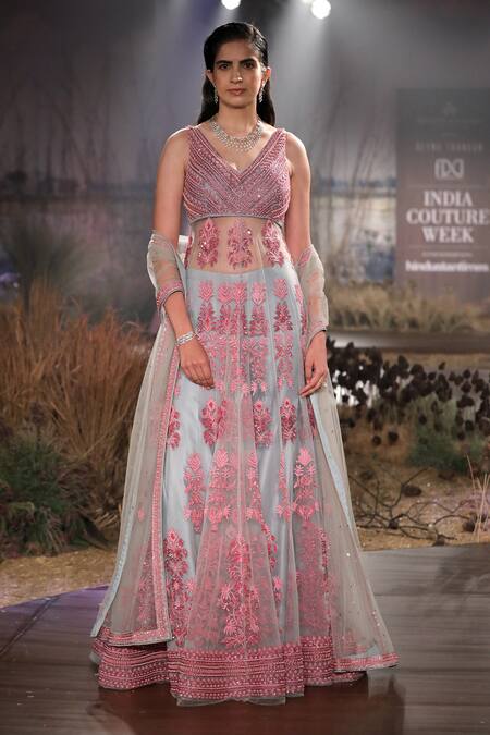 Reynu Taandon Blue Net, Chanderi Silk Embroidered Anarkali Set Online at Aza Fashions Reynu Taandon_Blue Net, Chanderi Silk Embroidered Anarkali Set _Online_at_Aza_Fashions