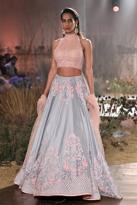 Reynu Taandon Blue Net, Chanderi Silk Embroidered Bridal Lehenga Set 