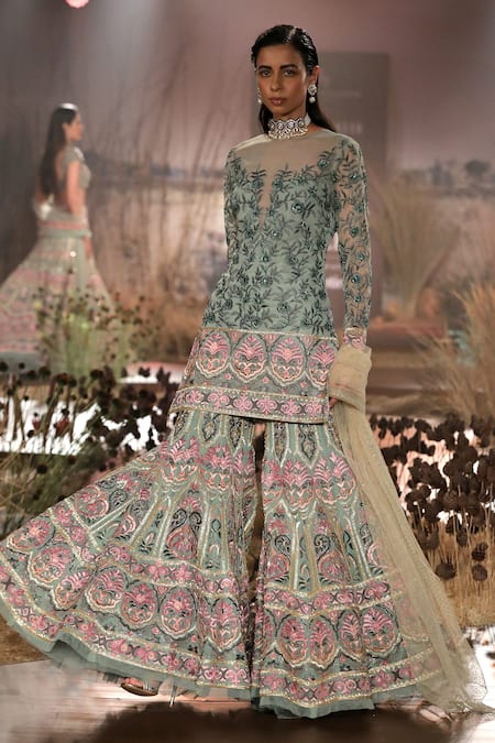 Reynu Taandon Green Net, Chanderi Silk Embroidered Kurta Set 