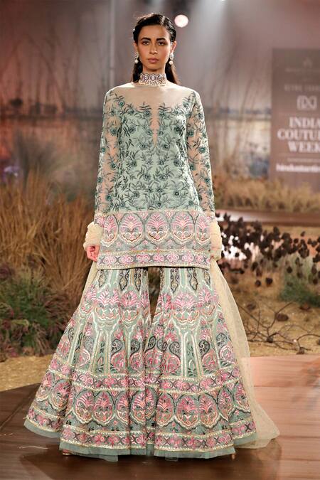 Reynu Taandon Green Net, Chanderi Silk Embroidered Kurta Set Online at Aza Fashions Reynu Taandon_Green Net, Chanderi Silk Embroidered Kurta Set _Online_at_Aza_Fashions