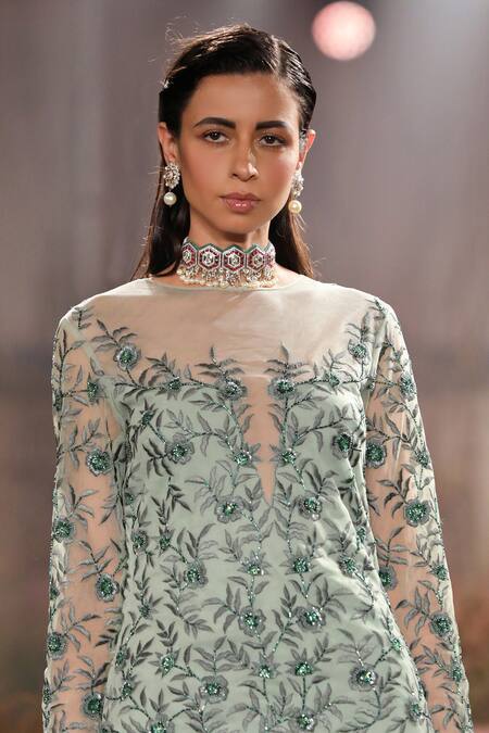 Shop Reynu Taandon Green Net, Chanderi Silk Embroidered Kurta Set Online at Aza Fashions Shop_Reynu Taandon_Green Net, Chanderi Silk Embroidered Kurta Set _Online_at_Aza_Fashions