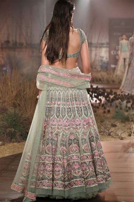 Shop Reynu Taandon Green Net Chanderi Silk Embroidered Bridal Lehenga Set at Aza Fashions Shop_Reynu Taandon_Green Net Chanderi Silk Embroidered Bridal Lehenga Set _at_Aza_Fashions