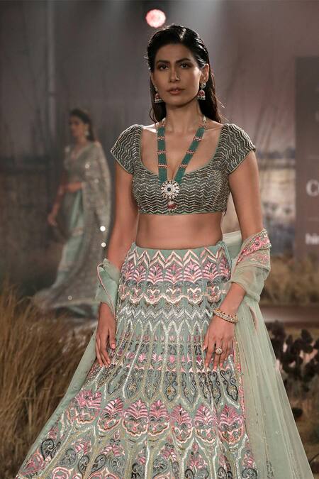 Reynu Taandon Green Net Chanderi Silk Embroidered Bridal Lehenga Set Online at Aza Fashions Reynu Taandon_Green Net Chanderi Silk Embroidered Bridal Lehenga Set _Online_at_Aza_Fashions